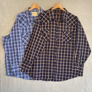 Lot of 2 Wrangler Plains Blue Pearl Snap Western Shirt Mens 3XL Plaid Western